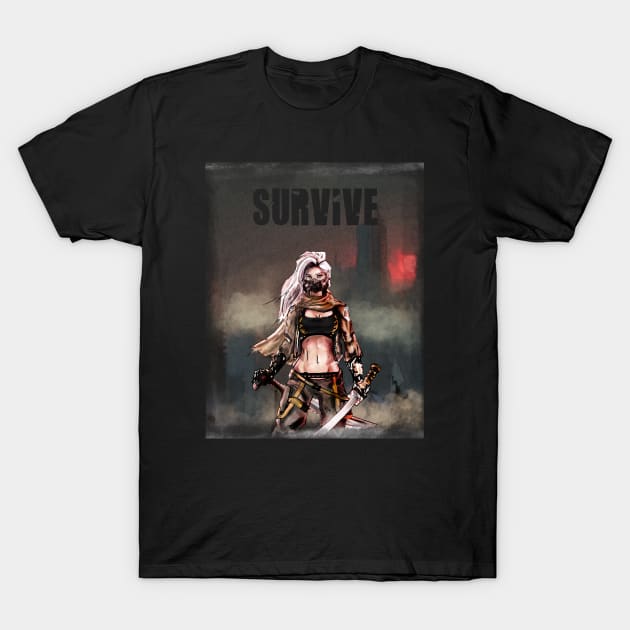 Apocalypse Girl gas mask  with katana sword and machete : Survive quote t-shirt T-Shirt by DeMonica